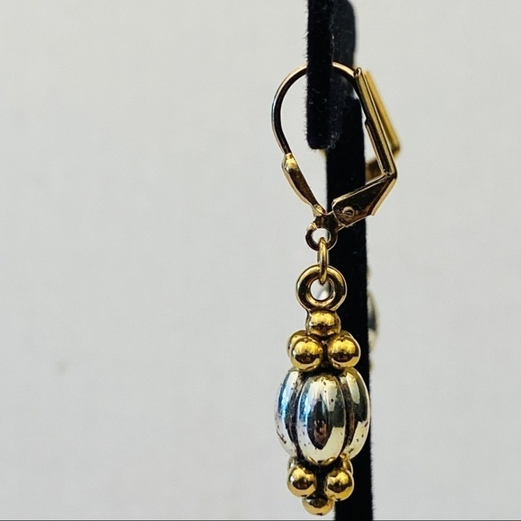 Earring dangle silver and gold cabochon and dragées. With lever back hooks - Picture 6 of 7